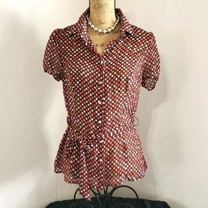 MADKNITS Cream and pink dots brown cap sleeve shirt waist tie XL